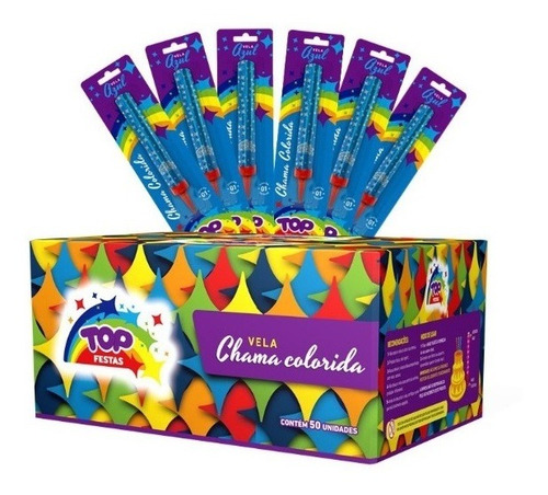 Imagem 1 de 4 de Vela Chama Colorida Top Festas Azul Display Com 50 Velas