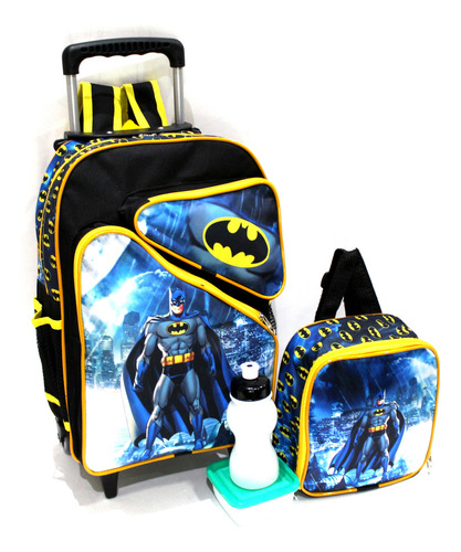 Kit Mochila Batman Morcego 3 Bolsos Rodinhas G Lancheira Cor Preto Desenho Do Tecido Batman