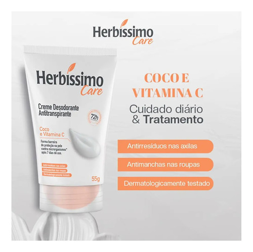 2 Uni Creme Desodorante Herbíssimo 72h Coco E Vitamina C 55g