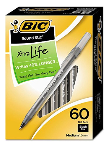 Bic Round Stic Xtra Life Ball Pen, Medio Punto (1,0 Mm), Neg