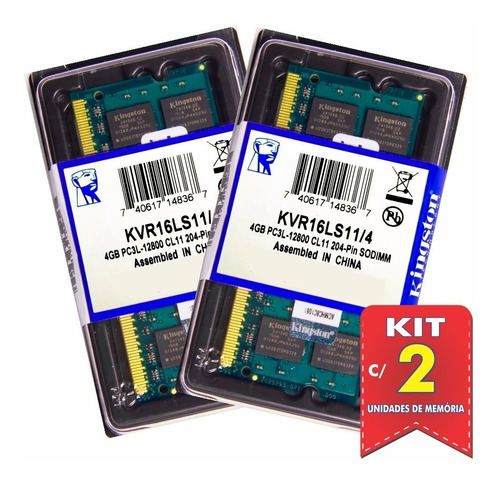 Memória  Kingston Ddr3 4gb 1600 Mhz Notebook Kit C/ 02 Unid