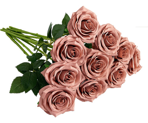 Ramo De 10 Flores Artificiales De Rosas Abiertas, Tallos De