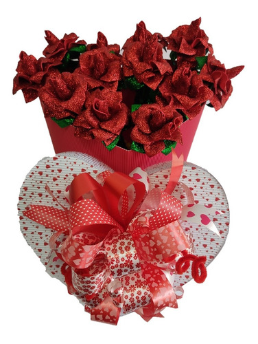 Caja Regalo Corazón Con Doce Rosas Artesanales