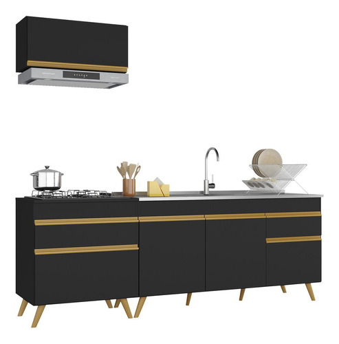 Armário De Cozinha Compacta 220cm Veneza Multimóveis V2074 Cor Preto/Dourado