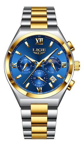 Reloj Pulsera Relojes Hombre Impermeable Acero Inoxidable Correa Plateado/Dorado Bisel Dorado Fondo Azul