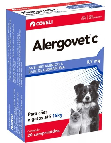 Alergovet C 0,7mg 20 Comp Para Gato Cachorro Ate 15kg Coveli