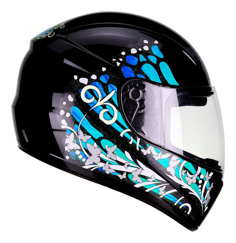 Capacete Moto Feminino Fly F-9 Butterfly Borboletas Cor Preto Brilhante Azul Tamanho do capacete 58