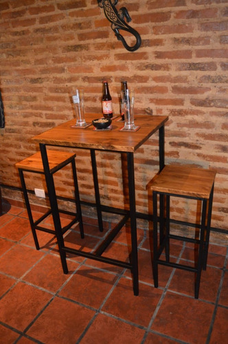 Juego Mesa Alta 60x60 + 2 Bancos Hierro-madera Estilo Indus.