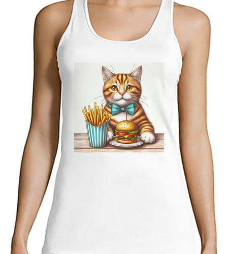 Musculosa Mujer Gato Con Moño Comiendo Sentado Burger