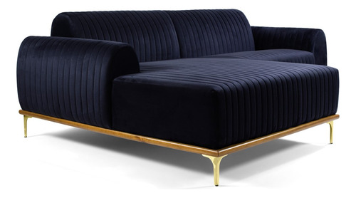 Sofá 300cm 5 Lugares Com Chaise Esquerdo Pés Gold Molino B-2 Cor Azul Desenho Do Tecido Liso