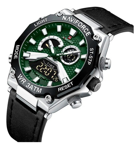 Reloj Naviforce 9220 Hombre Master Casual Cuero + Estuche Color De La Correa Negro Color Del Bisel Verde
