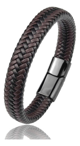 Pulsera Cuero Marron Con Negro Tejido Acero