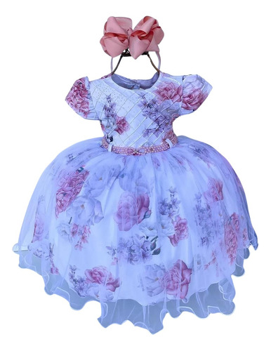 Vestido Infantil Florido Branco Jardim Acomp Tiara Brinde