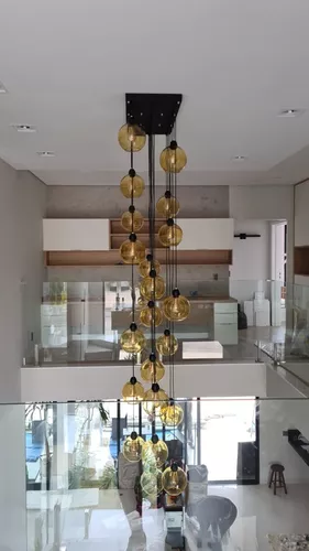 Lustre Pendente Sarvah 5 Globos Âmbar Conhaque Para Casas Pé Direito Duplo  e Alto