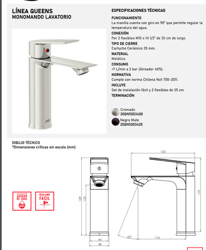 Monomando Lavatorio Llave Grifo Modelo Queens Pmb