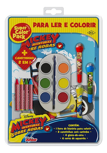 Disney - Super Color Pack - Mickey - Livro Para Colorir; 3 Canetinhas Com Carimbo; 4 Giz De Cera; 6 Cores De Aquarela