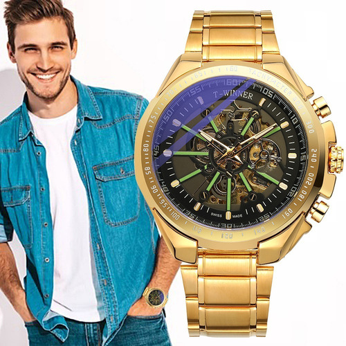 Imagen 4 de 10 de Reloj De Marca Winner Automático Hombre Skeleton Dorado