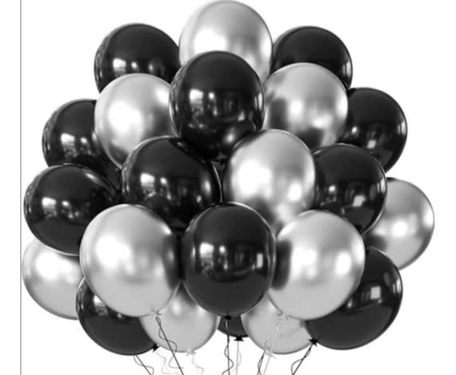50 Globos De Látex 10 Pulgadas Colores Decoración Fiesta Cel Plata Con Negro Globo