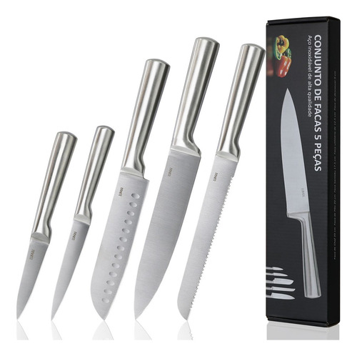 Kit De Facas de Cozinha Grandes de Aço Inoxidavel 3cr13 Conjunto Completo De 5 Peças Para Cozinha Churrasco Cabo Inox Ergonomico Faca Do Chef Santoku Pão Descascar Multiuso