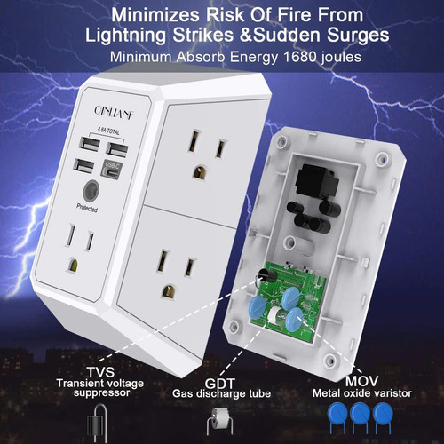 Cargador De Pared Usb, Extensor De 5 Tomacorrientes Con 4 Pu