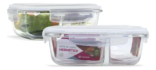 Kit 2 Potes Retangular 640ml Vidro Hermético com Divisória Marmita Fit Cor Branco U4home Menor preço em Kit 2 Potes Retangular 640ml Vidro Hermético com Divisória Marmita Fit Cor Branco U4home