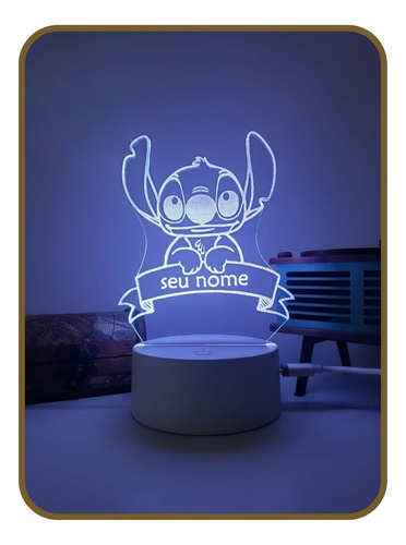 Luminária 3d Led 16 Cores Stitch Personalize Seu Nome Decora