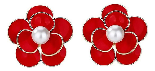 Flor De Rosa Roja Blanca Con Aretes De Perlas De Concha (roj