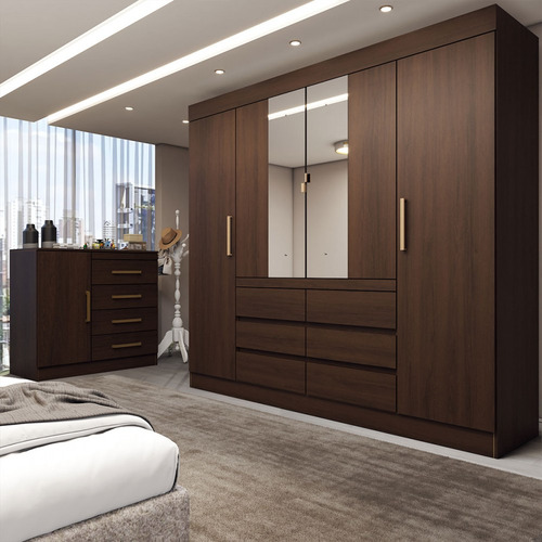 Guarda-roupa Casal Honey 4 Portas Espelho Ébano - Pm Cor Marrom-escuro