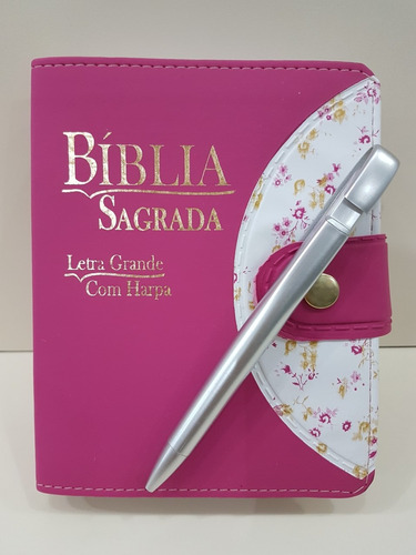 Bíblia Harpa Rosa Pink Letra Grande + Caneta Brinde