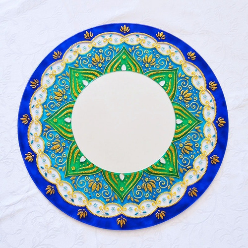 Vitral Mandala Azul E Verde 40cm Com Espelho Central De 20cm