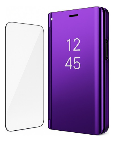 Funda Para Samsung A06 Clear View + Vidrio Full 9d C/huella Violeta Oscuro