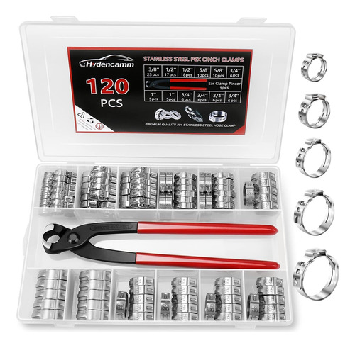 Kit Abrazaderas Pex 120pcs 5 Tamaños Alicate 1/2 3/4 3/8 5/8