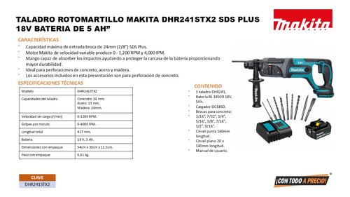 Taladro Rotomartillo Makita Dhr241stx2 Sds Plus 18v + Brocas