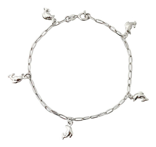 Pulsera 5 Delfines Cadena Eslabón Alargado Plata Fina 925