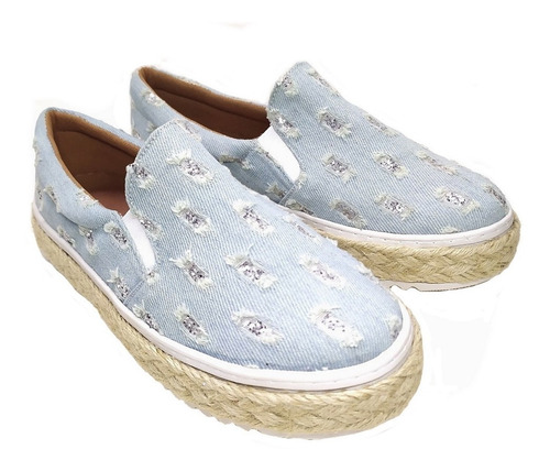 Imagem 4 de 6 de Slip On Tenis Feminino Sola Corda Jeans Azul Rasgado Glitter