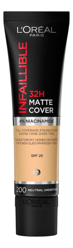 Base de maquillaje líquida L'Oréal Paris 32h Infallible Matte Cover 32H Infallible Matte Cover tono 200 neutral - 30mL 43g