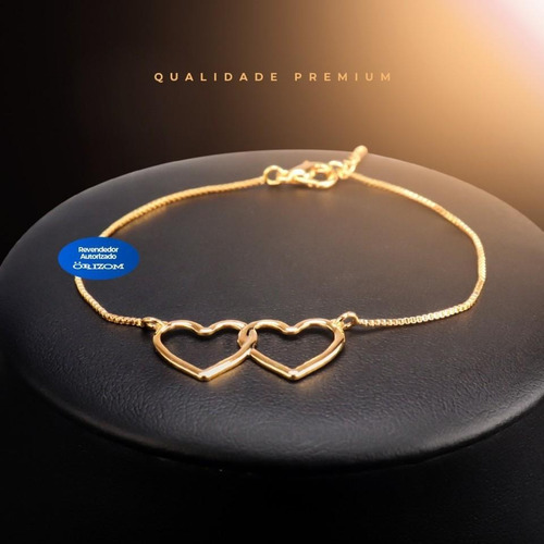 Pulseira Feminina Dourada Coração Duplo Com Extensor