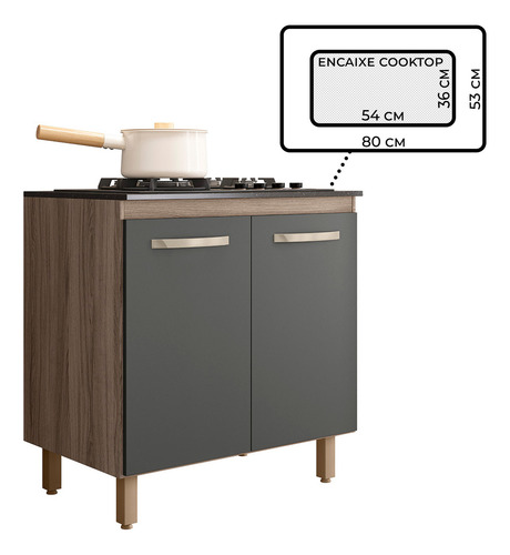 Balcão Armário Cooktop 4 Bocas Com 2 Portas E Prateleira Multiuso Para Cozinha Compacta Cor Carvalho Chumbo