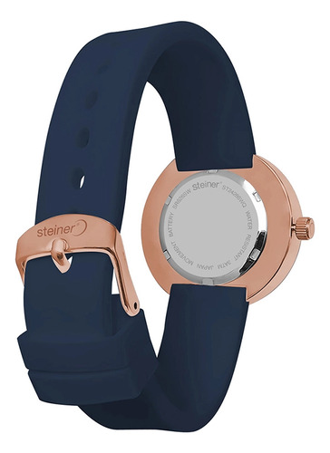 Reloj Para Mujer Números Romanos Steiner Con Fechador 37 Mm Correa Azul Bisel Oro Rosa Fondo Azul
