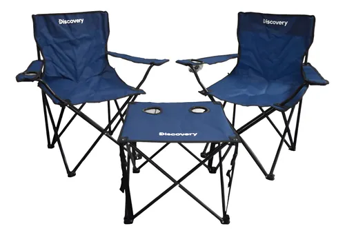 Mesa + 2 Sillas De Camping Discovery Plegable Portavaso Azul