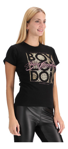 Playera Negra Mujer Foil Oro Letras Rosas Brillos Boy London