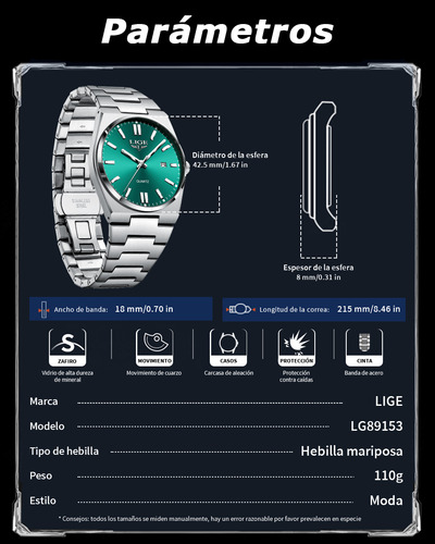 Reloj De Cuarzo Hombre Analógico Relojes Pulsera Moda Watch Correa Plateado Bisel Plateado Fondo Verde