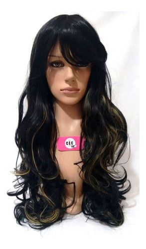 Peruca Lace Wig Ondulada Preta Com Luzes Loiras Fibra Futura