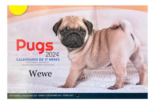 Calendario 2024 Perros Perritos Cachorros, Pug Modelo 2