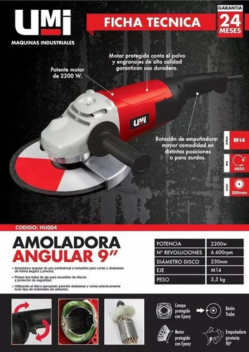 Imagen 3 de 5 de Amoladora Angular 230 Mm / 9 Profesional Umi 2200w