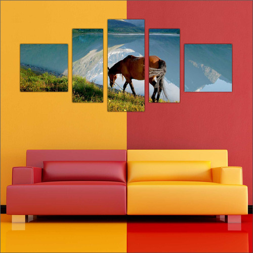 Quadro Decorativo Cavalos Animais Mosaico 5 Peças 10