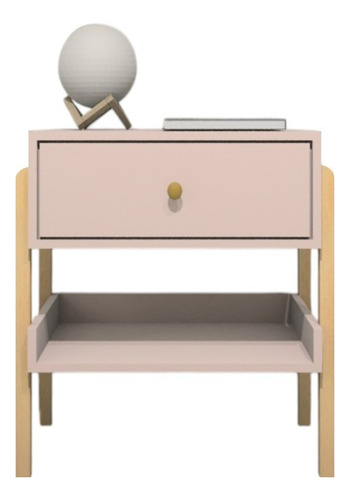 Mesa De Cabeceira Em Mdf Pés em Madeira Natural Com 1 Gaveta E Prateleira Acabamento Fosco Cor Sal Rosa