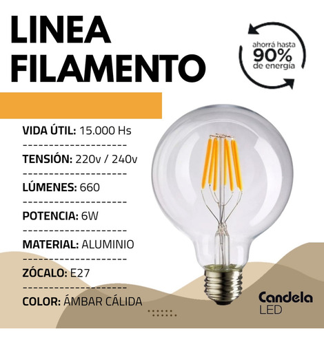 Lampara Globo Foco Led Filamento Ambar 6w E27