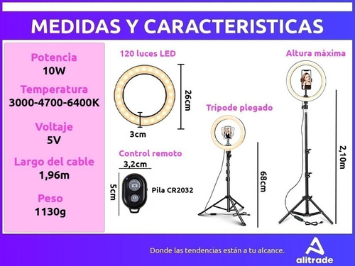 Imagen 7 de 10 de Aro De Luz Led Grande 26 Cm Celular Fotos Con Tripode 2.10mt