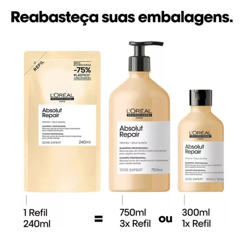 Shampoo L'oréal Absolut Repair Gold 240ml - Refil